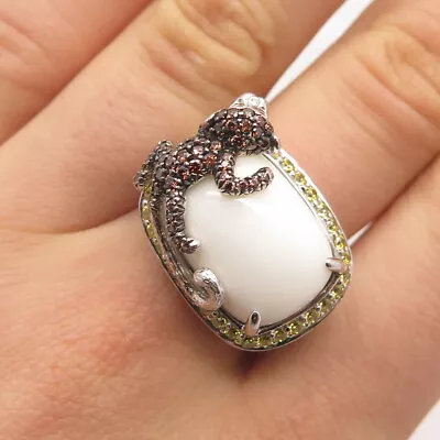 925 Sterling Silver Real White Onyx Gem & Multi-Color C Z Monkey Ring Size 9 • $79.95