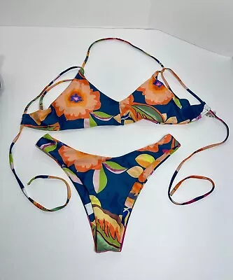 Zaful Bikini Set Size 6 Blue Orange Multicolor Floral Polyester/ Spandex • $18