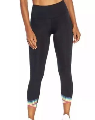 Marika Size M Black 25” Leggings Yoga Pants Athletic Rainbow Leg Bands Stripes • $20.95