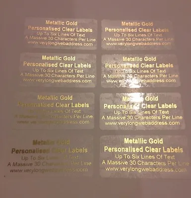 £6.99 • Buy 100 Gold Address Labels PERSONALISED CLEAR GLOSS STICKERS Metallic Gold Print