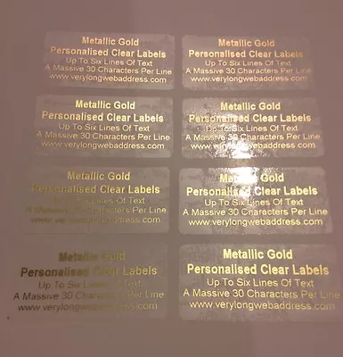 £6.99 • Buy 100 Gold Address Labels PERSONALISED CLEAR GLOSS STICKERS Metallic Gold Print