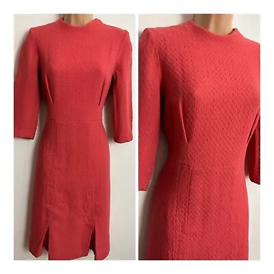 £9.99 • Buy Vintage 60s MOD Coral Slightly Texutred Wool Mix 3/4 Sleeve Pleated Dress 10