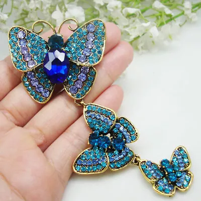 Crystal Brooch Vintage 3 Butterfly Pendant Woman Blue Brooch Pin Party Jewelry • $10.92