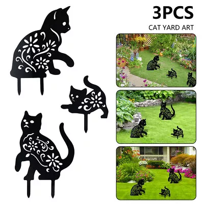 3Pcs Cat Silhouette Outdoor Decoration Garden Ornament Black Metal Silhouette S • £12.42