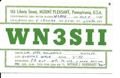 QSL 1951 Mount Pleasant PA    Radio Card • $5.52