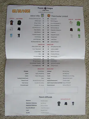 ASTON VILLA V MAN UTD Sun 11 Feb 2024 (OFFICIAL PREMIER LEAGUE TEAM SHEET ONLY) • £1