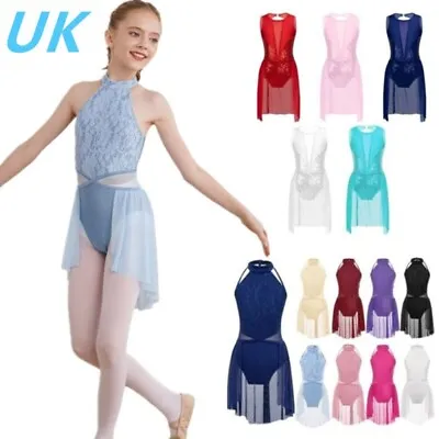 UK Girls Halter Neck Chiffon Ballet Leotard Asymmetrical Lyrical Dance Dress • £13.30
