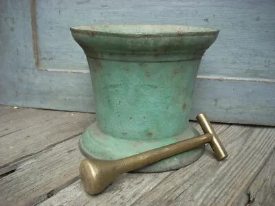 19TH C AMERICAN ANTIQUE APHOTECARY MORTAR & PESTLE - Old Green Painted Surface  • $275