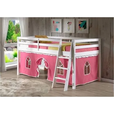 $565.90 • Buy White Wooden Junior Loft Twin Bunk Bed Pink White Tent Kids Play Area Ladder