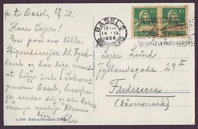 Q7156/ Switzerland Basel Postcard Cover T/Denmark 1928 W/Slogan Airplane Cancel • $1.30