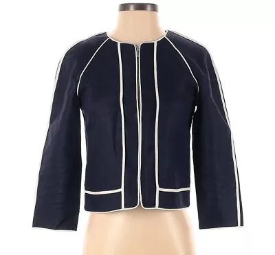 New J. Crew Suiting Women Linen Blue Jacket Size 00 Piping Crop Lined Zip • $42