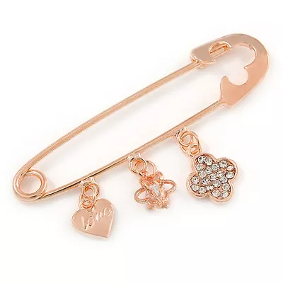 Rose Gold Tone Metal Safety Pin Brooch With Crystal Charms - 65mm L • £10.90