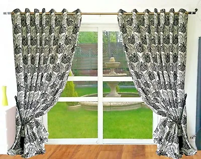 Eyelet Curtains Ring Top Black White Flocked Damask Lined Curtains 90 X90  • £27.99