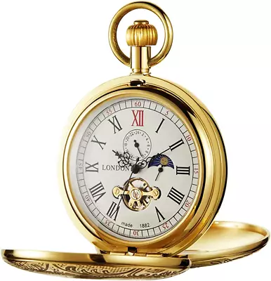 Men'S Mechanical Pocket Watch Hand Wind Antique Tourbillon Moon Phase Analog • $85.99