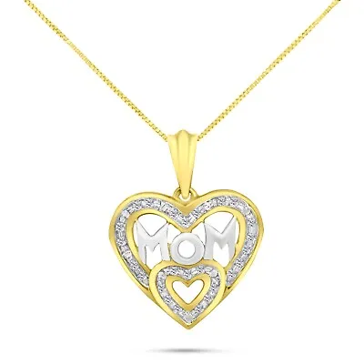 0.15 Carat Genuine Diamond Mom Heart Pendant Necklace  - 10 Karat Yellow Gold • $195