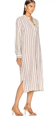 Nili Lotan Malia Gray Ivory Striped Cotton Linen Midi Dress Womens Medium  • $69.94