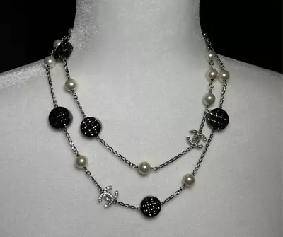 CHANEL Silver Lucite & Black Crystals LOGO Rhinestone & Pearly White Necklace • $535