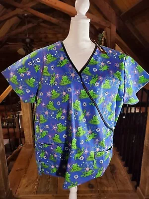 NEW Absolute Medical Scrubs Top Womens 1X Frogs Blue Green V Neck Pockets Nwt • $15.99