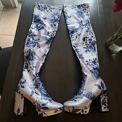 Dolls Kill Thigh High Boots Blue Rose Floral Sz 8 Current Mood  • $100