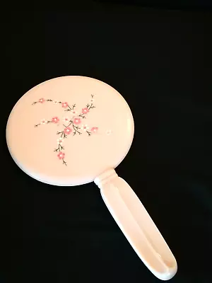 Vintage Pink Bakelite Celluloid Hand Held Vanity Mirror Pink And White Flowers • $20