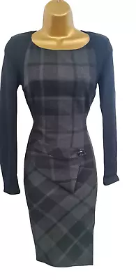 UK 10 KAREN MILLEN Black Grey Check Tartan Wool Blend Wiggle Pencil Dress • £59.99