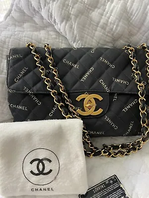$3950 • Buy Chanel Cc  Black Logo Letter Print Vintage Maxi Jumbo Flap Chain Shoulder Bag