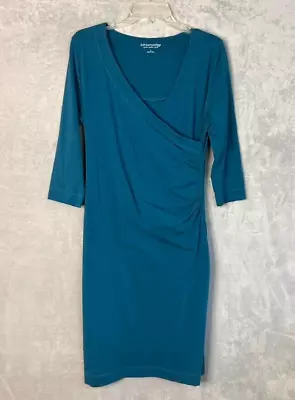 Soft Surroundings Wear Anywhere Midi Dress Teal Missy Sz S Faux Wrap 3/4 Sleeve • £24.05