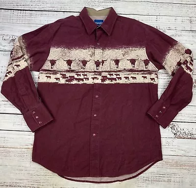 VTG Wrangler Western Shirt Mens Sz L Pearl Snap 70s Longhorn Yoke Cattle Skull • $39.99