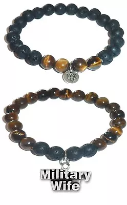 MILITARY WIFE Charm Women's Tiger Eye & Black Lava Stretch Bracelet Gift Set • $13.49