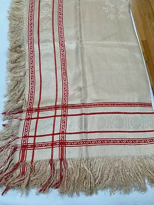 RARE Vintage French Turkey Red Trimmed Damask Off- White Linen Tablecloth • $110