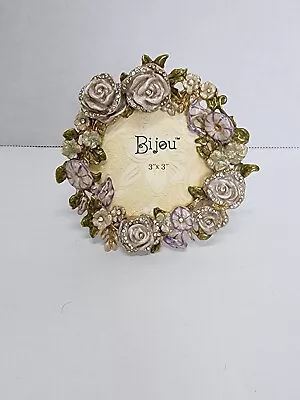 Bijou Picture Frame Rose Morning Glory Enamel Floral 3  Gold Purple Round Ornate • $21