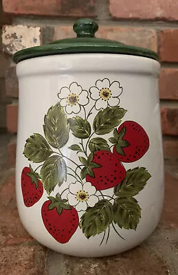 9” McCoy USA Pottery Strawberry Country Canister Cookie Jar W Green Lid T 131M • $19.20