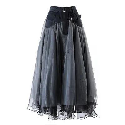 Women Denim Mesh Skirt Lace Splice Midi High Waist A-line Pleated Frill • £40.45