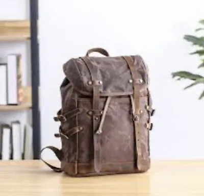 Canvas Leather Backpack Water Resistant Travel Rucksack • $62