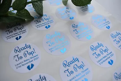24 X  BABY SHOWER PERSONALISED FOILED STICKERS LABELS READY TO POP PARTY FAVOURS • £1.50