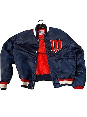 VTG STARTER 80s MINNESOTA TWINS NAVY BLUE SATIN BOMBER JACKET SZ L BASEBALL MLB • $143