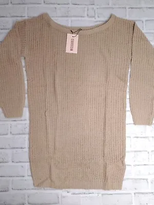 Misguided Jumper Dress Recycled Ayvan Off Shoulder Knitwear Size UK 6-8 Beige  • £9.99