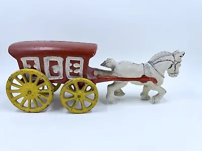 Vintage Cast Iron White Horse Drawn Red Ice Cart Buggy Wagon Toy • $19.99