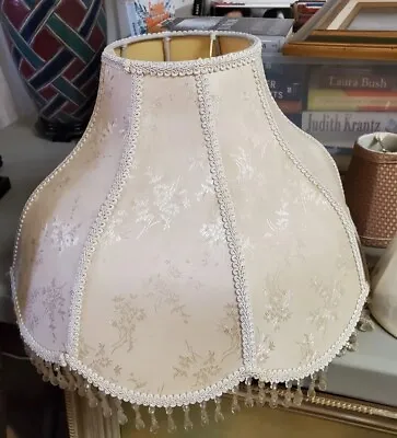Vintage Victorian Floral Brocade Off White Satin Lamp Shade W/Fringe Clear Beads • $78.99
