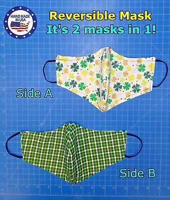 Green Gold Shamrocks REVERSIBLE St Patrick Plaid Celtic Face Mask Multi Sizes • $2