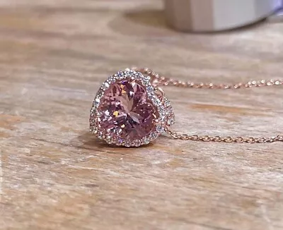 2Ct Heart Cut Morganite Promise Halo Pendant 14K Rose Gold Finish Free Chain • $46.20