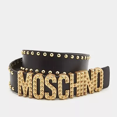New Moschino Black Leather Studded Oversized Logo Belt Size 42 $495.00 • $206.10