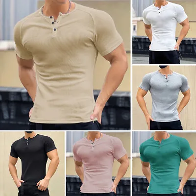Round Neck Muscle T-shirt Men's Tight Fitness Sports Workout Casual Short Sleeve • $22.07