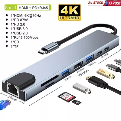 8IN1 USB C HUB Type C To HDMI Adapter USB 3.0 RJ45 Ethernet SD PD Port Charging • $24.99