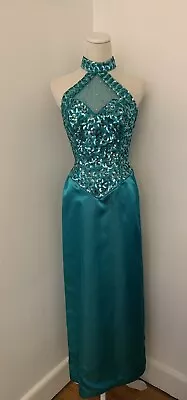 Vintage Mike Benet Formals Dress Size 10 Turquoise Long Sequins Rhinestones Prom • $160