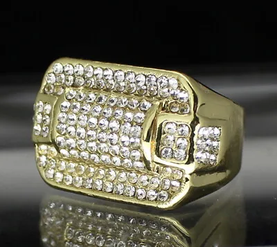 Mens Iced Pinky Ring Cz Rectangle Band 14k Gold Plated Hip Hop Luxury • $9.99