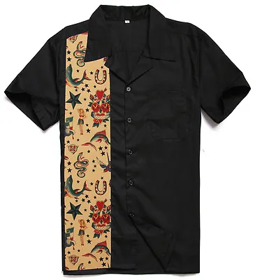 Mens Vintage Novelty Printing Tattoo Top Bowling Shirts Rockabilly Clothing • £19.07