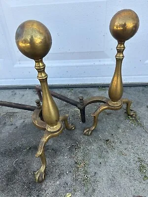 Vintage Brass Fireplace Andirons Andiron W/ Fire Dog Dogs • $75