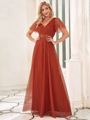 V-Neck Short Flutter Sleeves Empire Waist Elegant Bridesmaid Dress Size 10 • £32.99