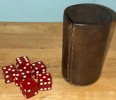 Vintage Stitched Leather Dice Cup W/6 Red Translucent 6 Sided Dice D6 • $29.99